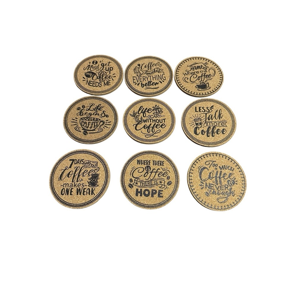 NEW cork coasters set of 9 round coffee quotes &‎ sayings